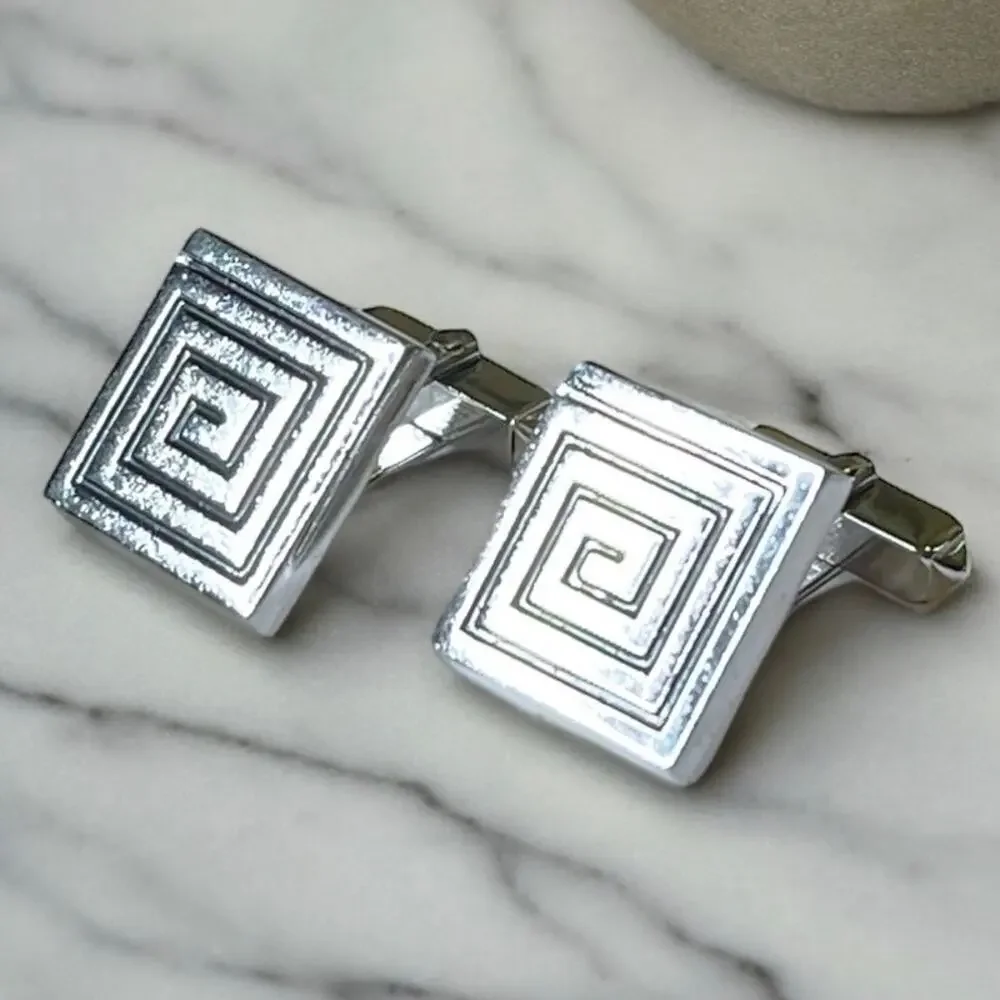 Vintage Swank Cufflinks Mens Silver Tone Greek Key Spiral Vector Symbol Signed